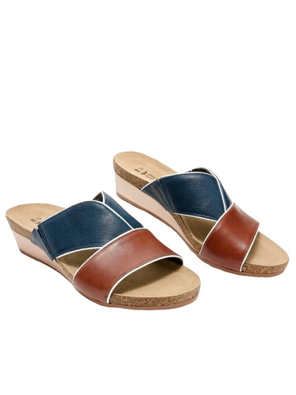 Naot Two-Tone Blue and Brown Leather Slide Sandals
